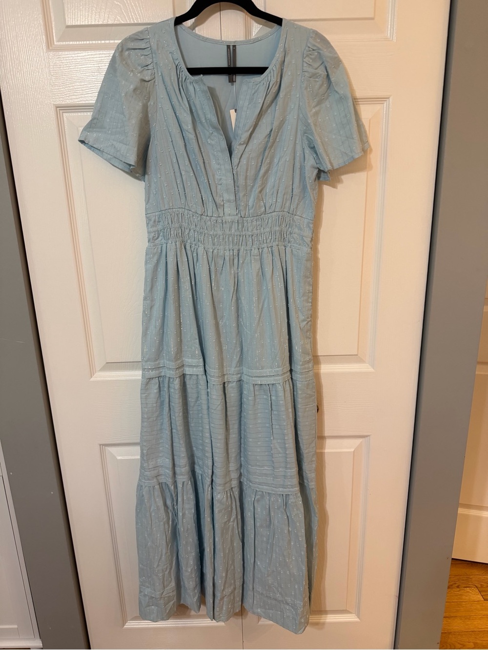 Anthropologie Somerset Pale Blue Sparkle Stripe Tiered Maxi Dress